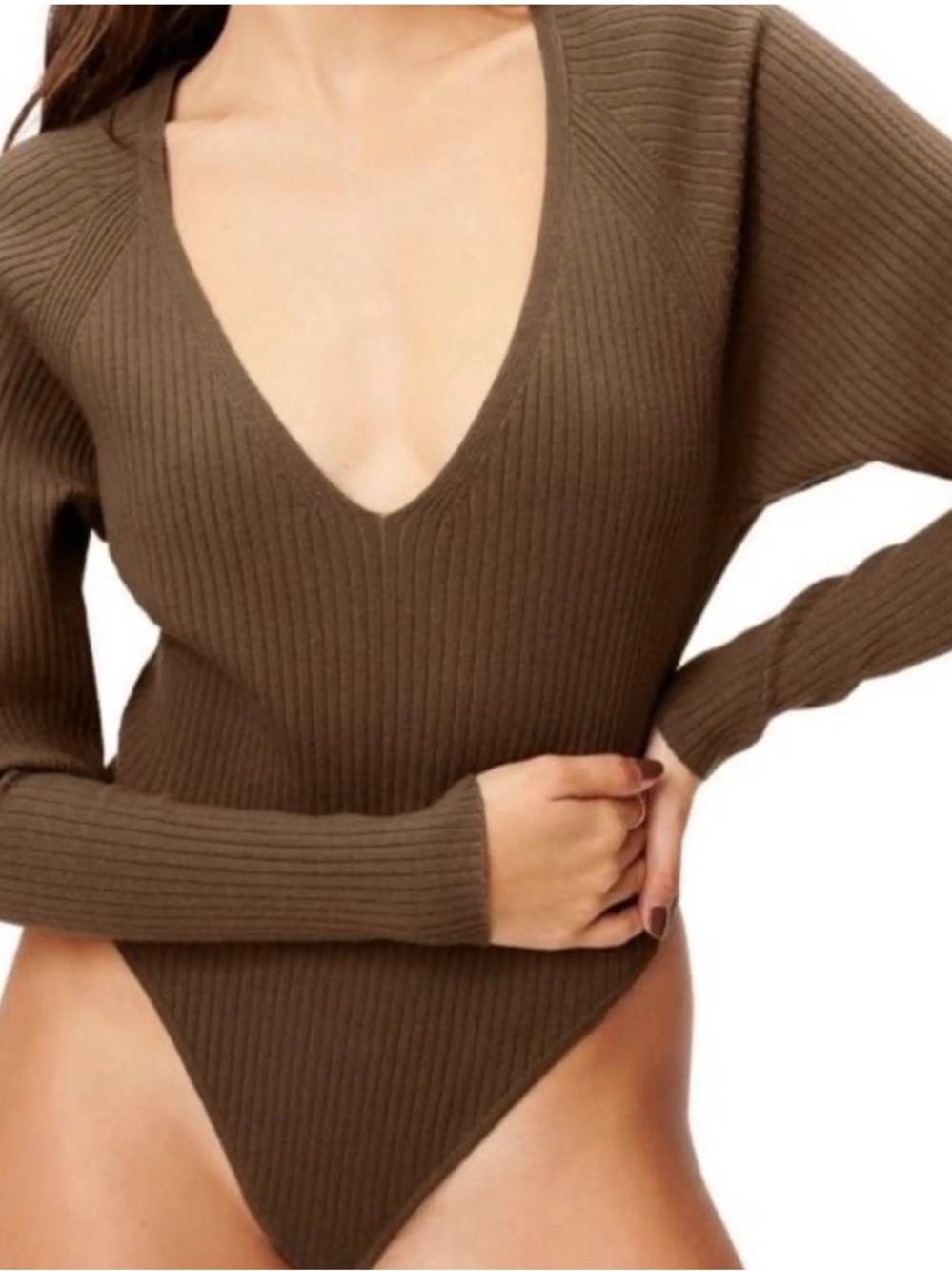 GOOD AMERICAN Deep V Ribbed Knit Sweater Bodysuit Long Sleeve Sepia Brown